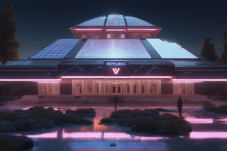 Solarpunk illustration of a decentralised government building with holographic displays