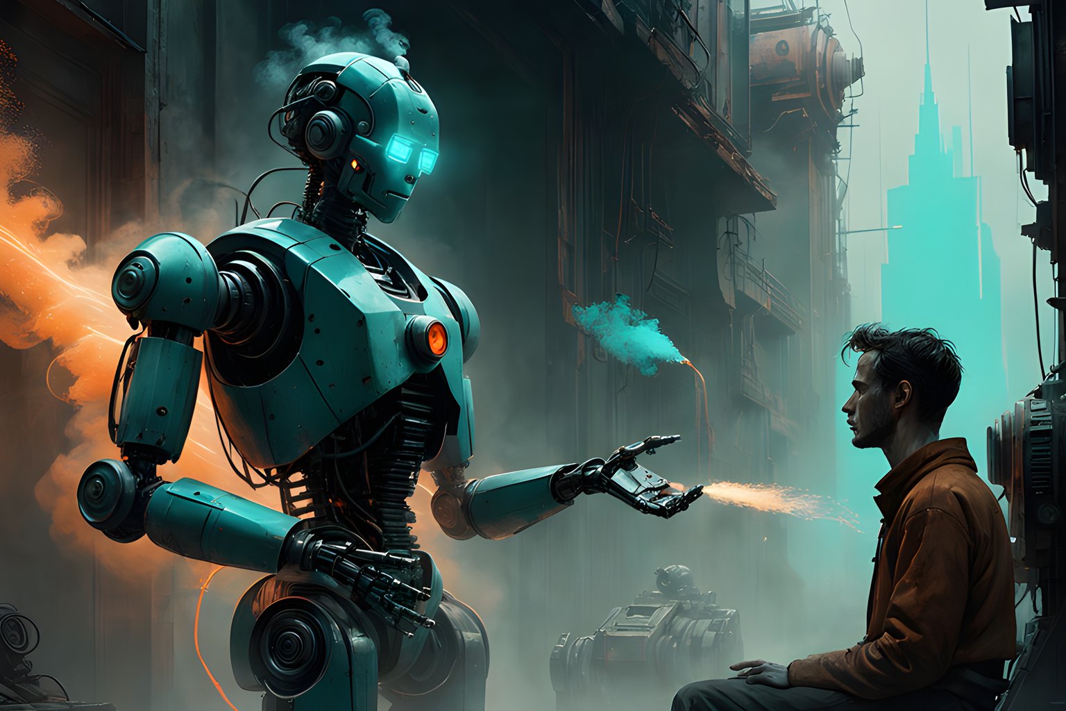 Illustration of a human having a conversation with an AI robot
