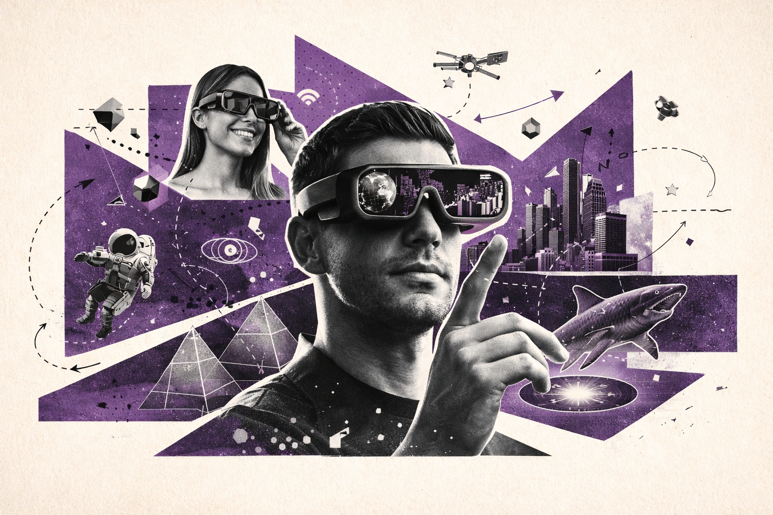 Editorial digital collage, B&W photographic cut-outs, cream paper background, bold geometric colour blocks, constructivist poster influence, surreal symbolic composition, tactile handmade feel, related to the subject of From 'Glasshole' To The Future: The Rise Of AR Eyewear