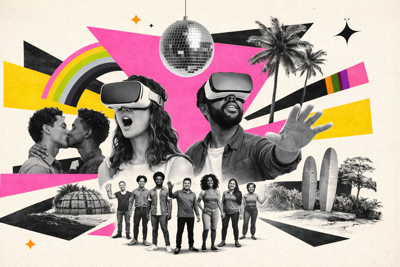 Editorial digital collage, B&W photographic cut-outs, cream paper background, bold geometric colour blocks, constructivist poster influence, surreal symbolic composition, tactile handmade feel, related to the subject of Global Digital Pride Cyprus: A Metaverse Event Success Story