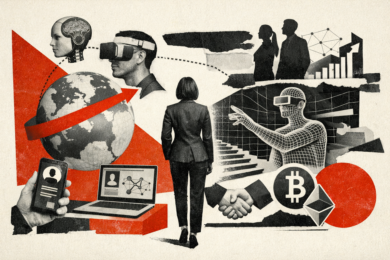 Editorial digital collage, B&W photographic cut-outs, cream paper background, bold geometric colour blocks, constructivist poster influence, surreal symbolic composition, tactile handmade feel, related to the subject of How Will Leadership, Online Presence, and Digital Identity Evolve in an AI, Web3, and Metaverse-Driven World?