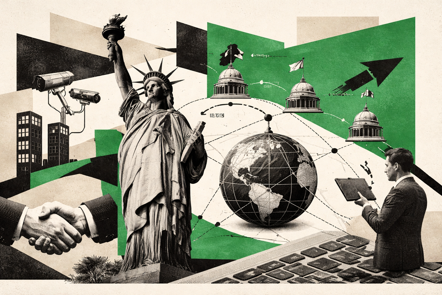 Editorial digital collage, B&W photographic cut-outs, cream paper background, bold geometric colour blocks, constructivist poster influence, surreal symbolic composition, tactile handmade feel, related to the subject of The Concept of a Distributed Republic