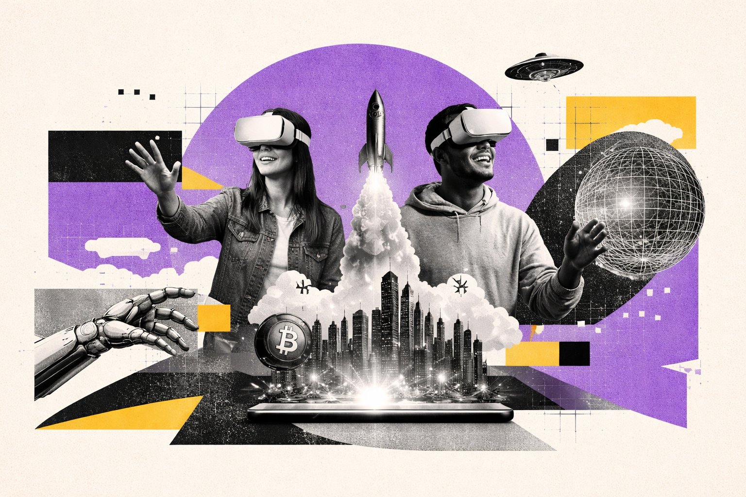 Editorial digital collage, B&W photographic cut-outs, cream paper background, bold geometric colour blocks, constructivist poster influence, surreal symbolic composition, tactile handmade feel, related to the subject of The Metaverse: A New Realm of Possibility