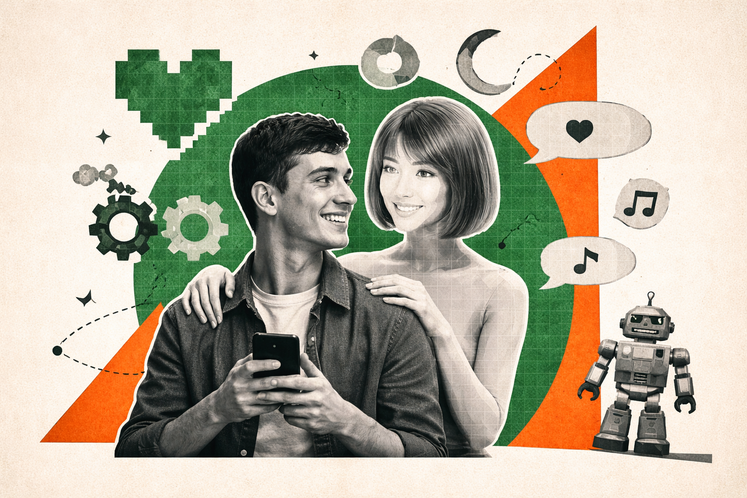 Editorial digital collage, B&W photographic cut-outs, cream paper background, bold geometric colour blocks, constructivist poster influence, surreal symbolic composition, tactile handmade feel, related to the subject of The Rise of AI Companionship: Navigating Emotional Bonds in the Digital Age