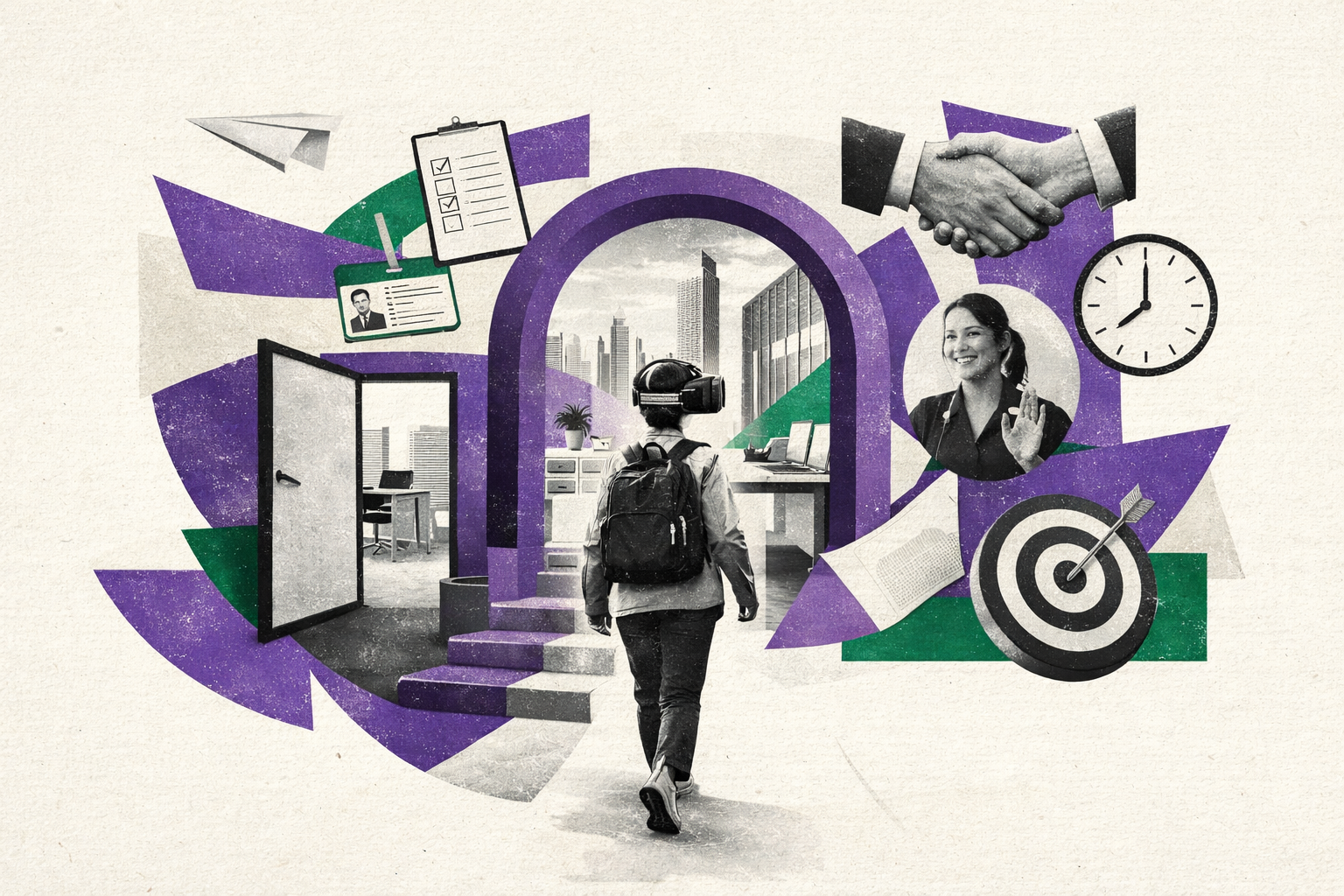 Editorial digital collage, B&W photographic cut-outs, cream paper background, bold geometric colour blocks, constructivist poster influence, surreal symbolic composition, tactile handmade feel, related to the subject of Virtual Reality Is The Future Of Onboarding