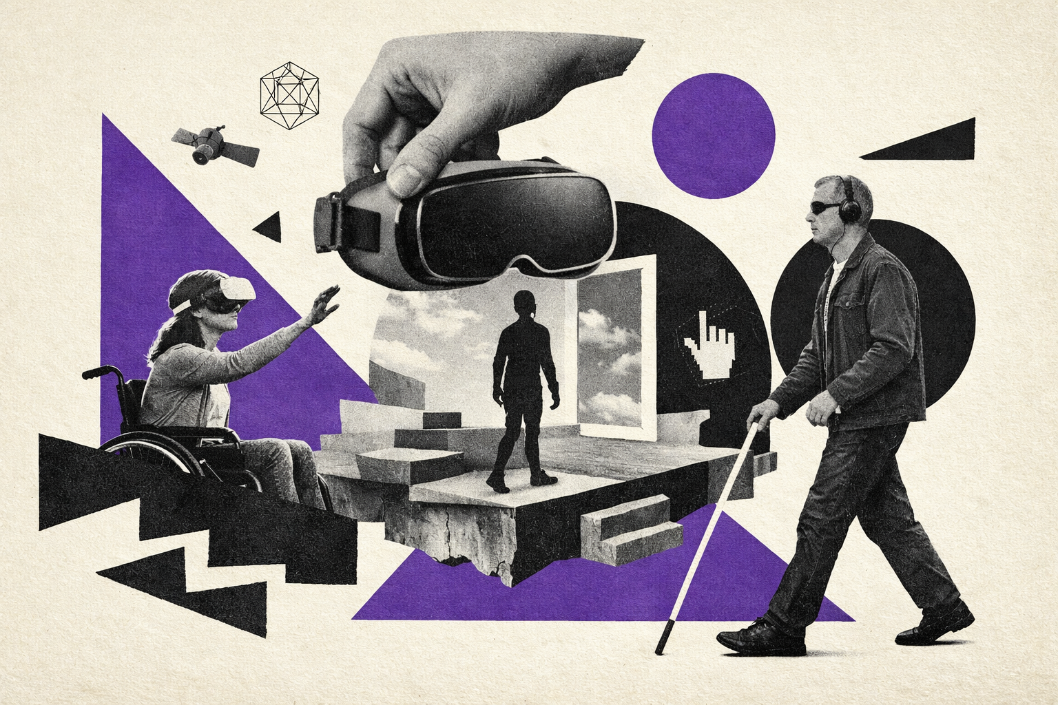 Editorial digital collage, B&W photographic cut-outs, cream paper background, bold geometric colour blocks, constructivist poster influence, surreal symbolic composition, tactile handmade feel, related to the subject of Why 'Disablement' Matters in Crafting XR Worlds: Making Virtual Reality a Level Playing Field