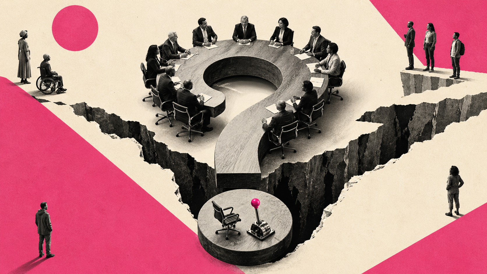 Editorial digital collage, B&W photographic cut-outs, cream paper background, bold geometric colour blocks, constructivist poster influence, surreal symbolic composition, tactile handmade feel, related to the subject of Five Boardroom Questions That Will Make — or Break — Your AI Strategy