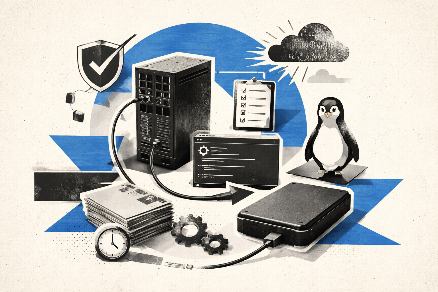 Editorial digital collage, B&W photographic cut-outs, cream paper background, bold geometric colour blocks, constructivist poster influence, surreal symbolic composition, tactile handmade feel, related to the subject of How to Back Up an Ubuntu Server to an External Drive, Step by Step