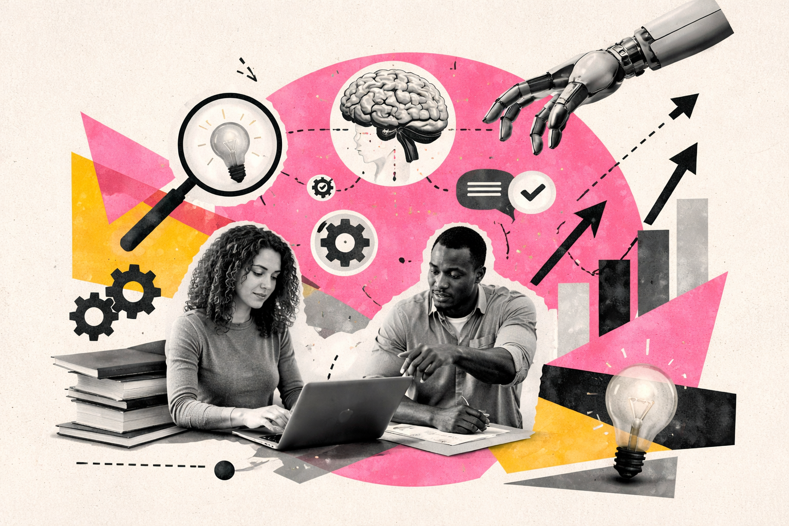Editorial digital collage, B&W photographic cut-outs, cream paper background, bold geometric colour blocks, constructivist poster influence, surreal symbolic composition, tactile handmade feel, related to the subject of Why Our Human-Centric Approach to AI Upskilling Beat the Tech Hype (and Scored 9.7/10 NPS)