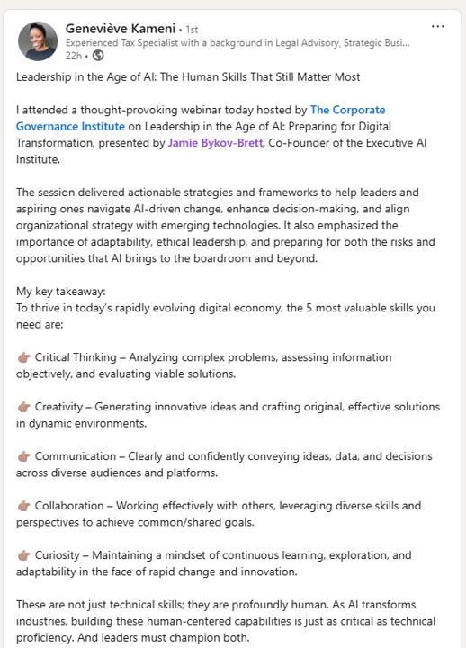 LinkedIn testimonial from Genevieve Kameni about the Corporate Governance Institute AI leadership session